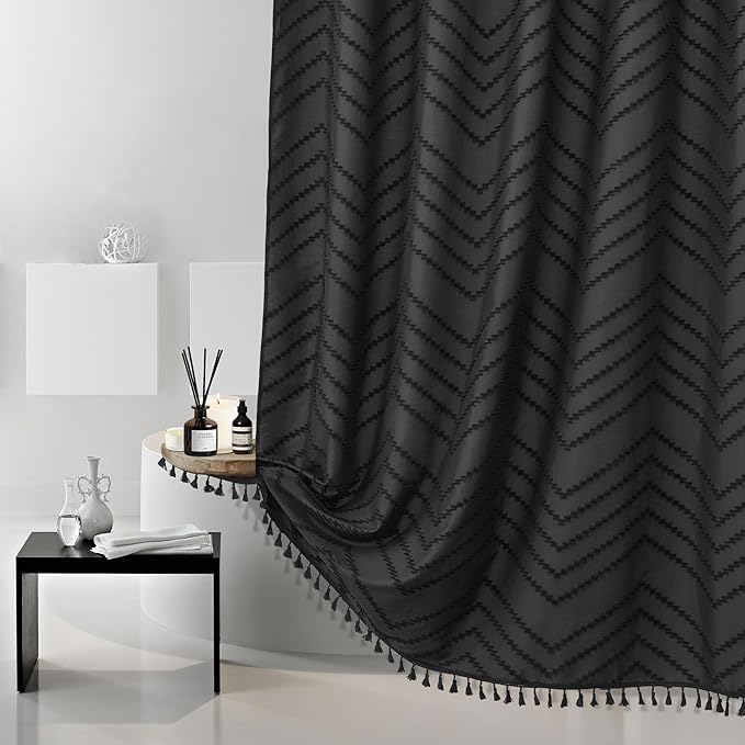 Boho Shower Curtain Black Tassel Woven Fabric Shower Curtain 54 x 78 Modern Farmhouse Textured Tufted Chevron Striped Minimalist Bathroom