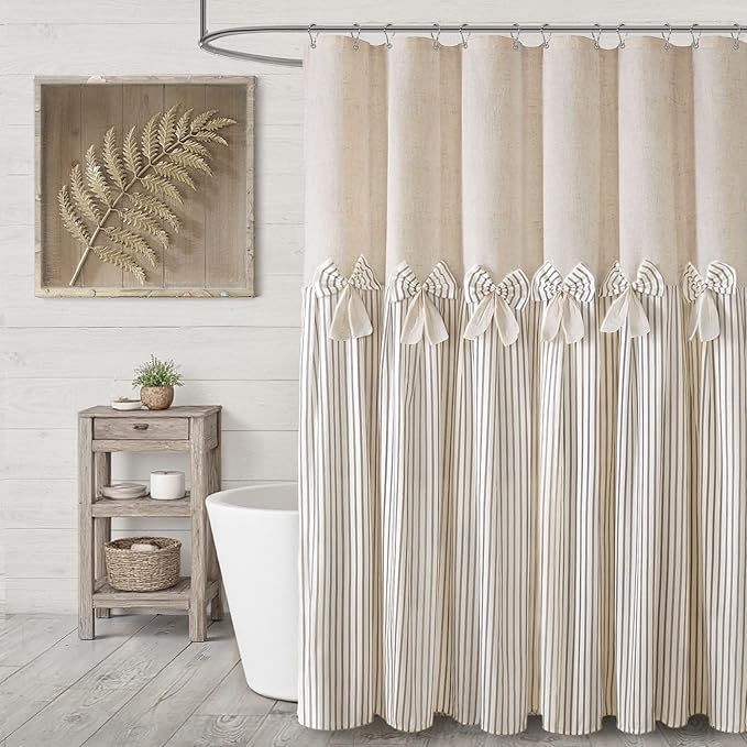 Farmhouse Shower Curtain Linen Beige Bow Woven Fabric Country Rustic Western, Pleated Beige Stripe 72" W x 90" L