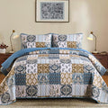 WONGS BEDDING Boho Quilt Set King Size, Blue Patchwork Plaid Bedspread Bedding Sets Paisley Soft Microfiber Quilts for King Bed 3 Pieces Coverlet Set for All Season (104"x90")