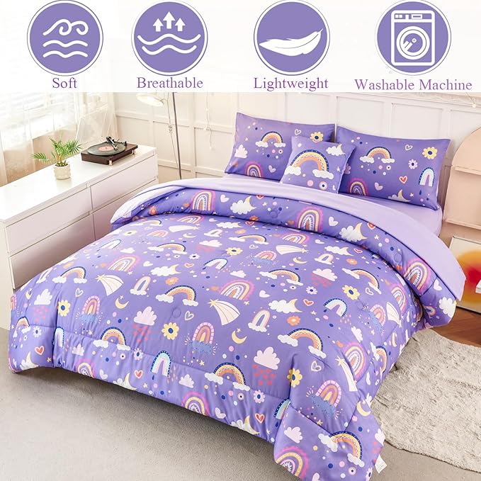 ANGIYUIN 6 Pieces Purple Twin Bedding Set Rainbow Bedding Set for Girls Love Hearts and Moon Design Kids Bed Set Soft Girl Bed in A Bag with Sheets, Purple, Twin