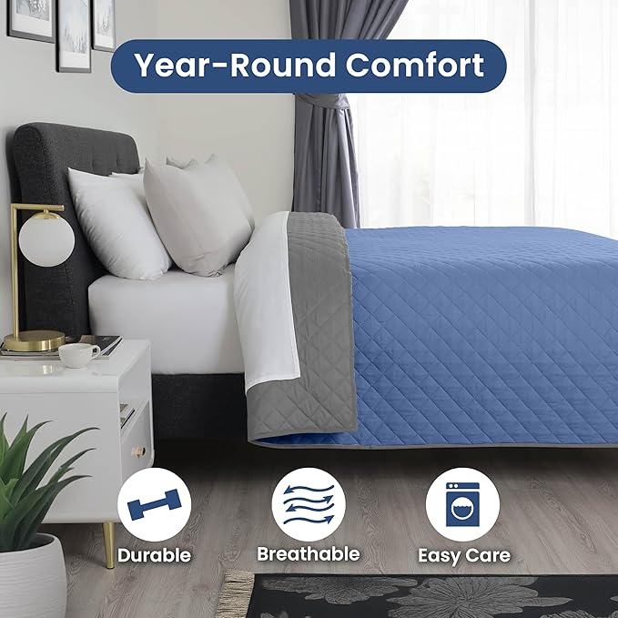 Martex Reversible Coverlet – Full Queen Size Quilt - Lightweight Full Size Bedding– Durable Queen Size Quilts for Bed – Soft - Easy Care Bedding – Ceil Blue/Gray