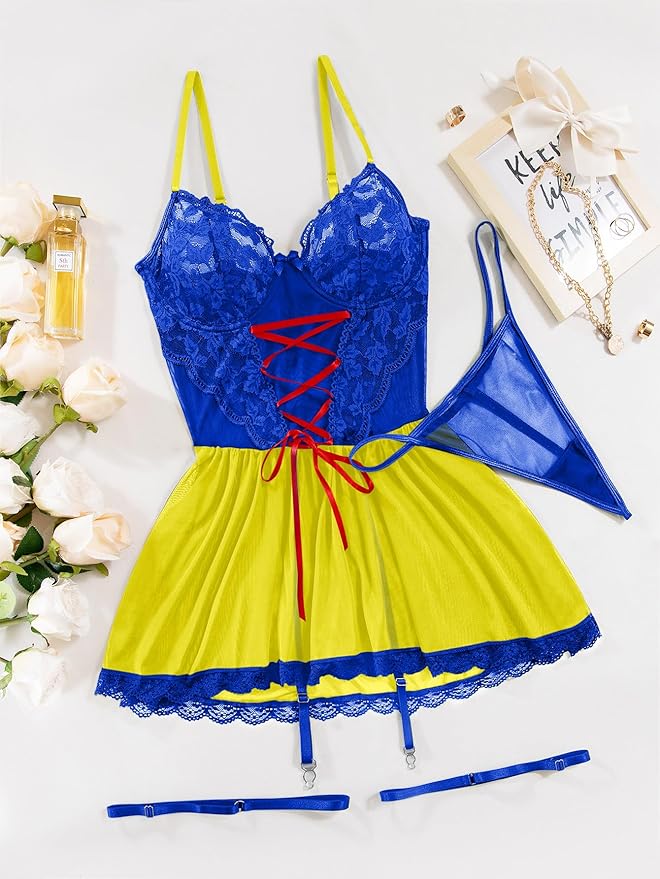 Lilosy Sexy Garter Belt Mesh Lace Babydoll Lingerie Dress Set with Thong