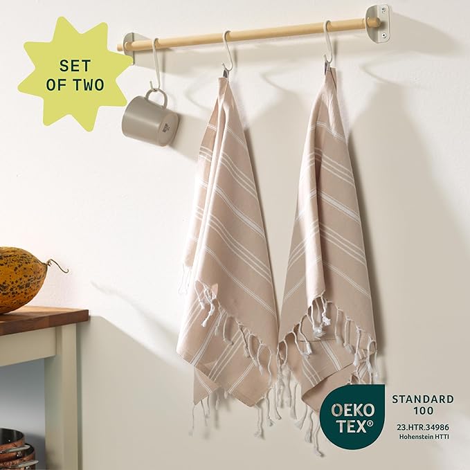 WETCAT Turkish Hand Towels with Hanging Loop, Set of 2 (20" x 30") 100% Turkish Cotton, Pre-Washed, Quick Drying, for Kitchen or Bathroom - Beige