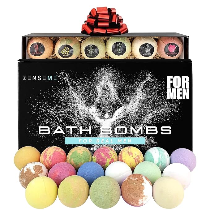 Bath Bombs for Men, Gift Set of 18 Scented Organic Handmade Bath Bombs of 2.5 oz with Natural Essential Oils. Perfect for Boyfriend, Husband, Father or Friend, by ZenseMe