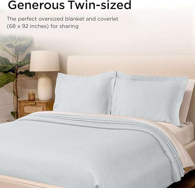 Threadmill Luxury Cotton Blankets for Twin Size Bed | All-Season 100% Cotton Twin Blanket for Bed | Criss Cross Jacquard Lightweight, Soft & Cozy Coverlet, 350GSM, 68 x 90 inches | Light Blue