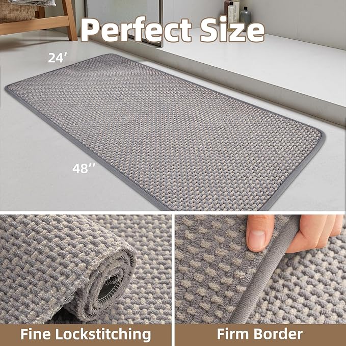 PADOOR-Bath Mat Runner-Super Absorbent Chenille Bathroom Mats-Rubber Backed Bath Mats for Bathroom Non Slip, Easy Clean Bathroom Runner Rugs Front of Bathtub,Shower Room,Sink-24×48, Grey&Beige