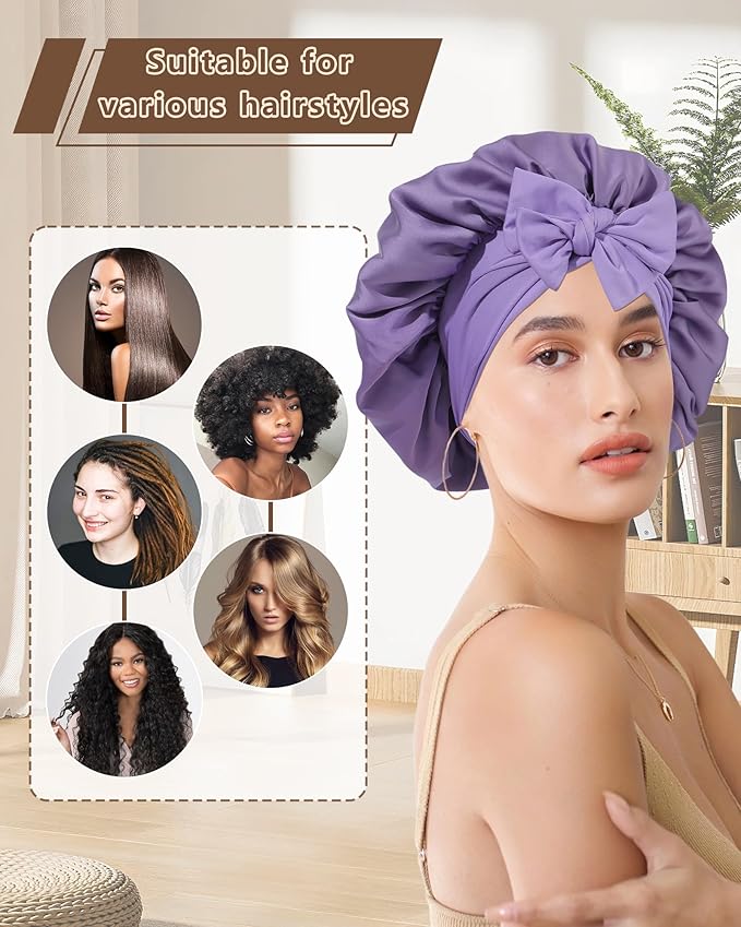 AWAYTR Women Satin Bonnet for Sleeping - Double Layer Silk Hair Bonnet with Elastic Tie Band for Braids Curly Hair