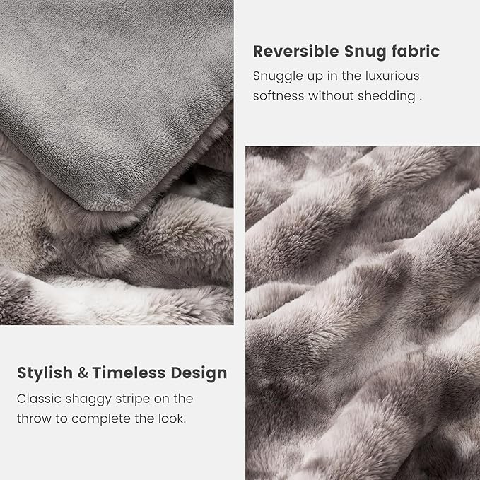 Cozy Bliss Faux Fur Throw Blanket for Couch, Fuzzy Soft Plush Thick Striped Blanket for Sofa Bedroom Living Room, 60 * 80 Inches Tie-dye Grey