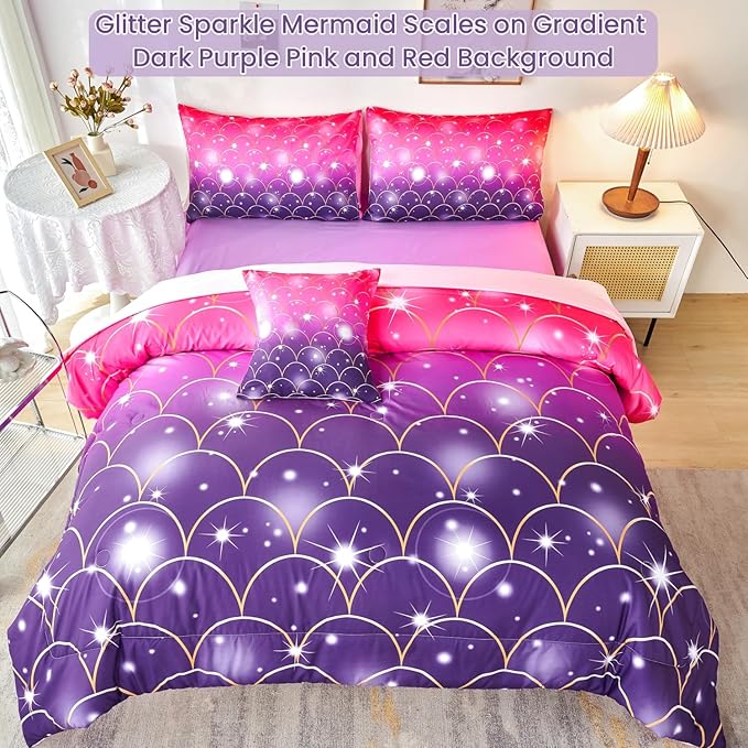 URBONUR 6Pcs Gradient Glitter Comforter Set Queen Size for Girls Sparkle Mermaid Pink Purple Bed in A Bag Soft & Breathable Kids Teen Queen Bedding Set