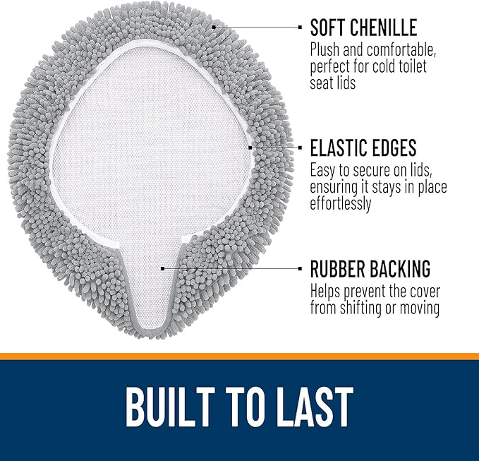 OLANLY Soft Chenille Bathroom Toilet Lid Cover, Machine Washable Seat Covers, 17.5x15, Stays in Place Rubber Backing, Fits Most Round, Elongated and Oblong Lids, Accessories Decor, Light Gray