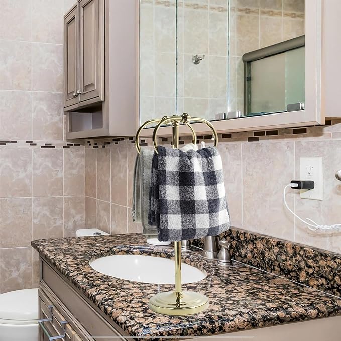 17 Inch Stainless Steel Hand Towel Holder Double Stand Hand Towel Ring for Washcloths or dishcloths Non-Slip Base Free Standing Towel Rack for Bathroom Kitchen (Gold)