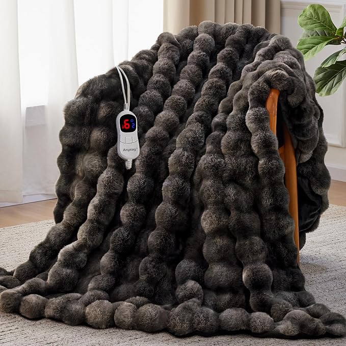 Heated Blanket Queen Size with 1/2/4/6/8 Hours Auto-Off 10 Heat Level, 72'' * 84'' Cozy Faux Rabbit Fur Bubble Electric Blanket with Overheat Protection(Tie-Dye Dark Grey)