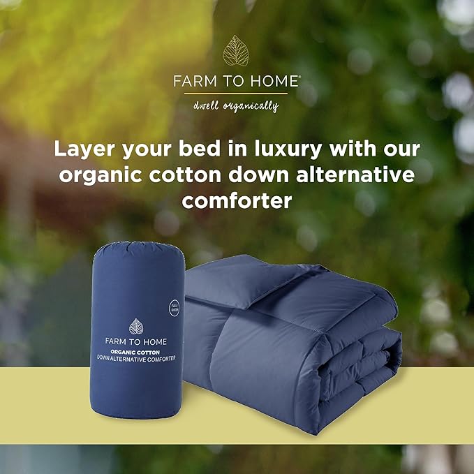 Farm To Home Luxury Comforter Organic Cotton All Season Fluffy Lightweight Down Alternative Machine Washable Comforter for Bedroom, King, Navy
