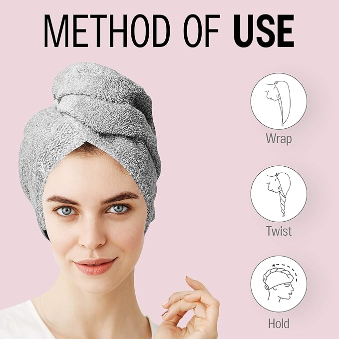 KEEPOZ Hair Towel Wrap Quick Dry 100% Cotton Super Absorbent Turban Head Wrap for Women with Button, Non Microfiber Anti Frizz Hair Products, Hair Cap for Curly, Long Hair (Grey, 1 Pc)