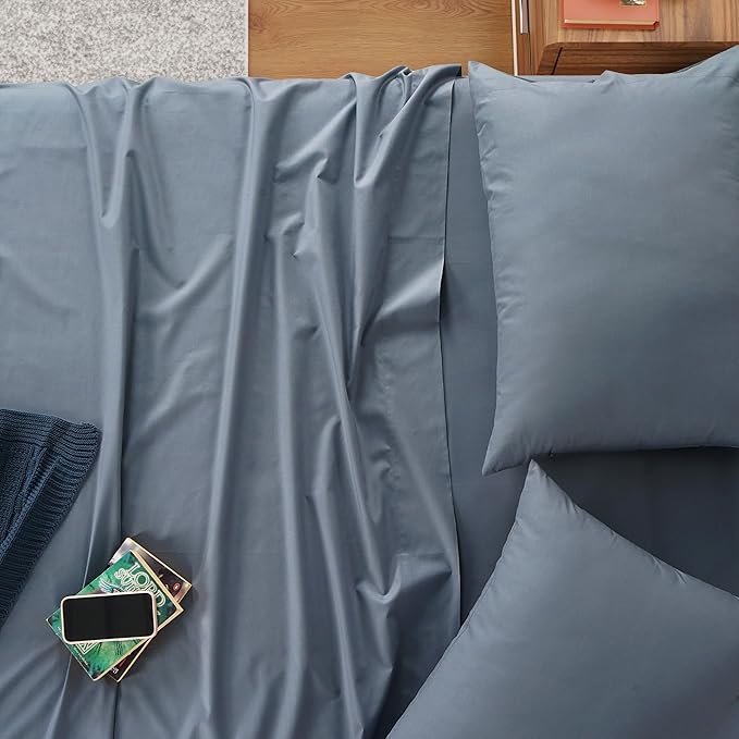 IZOD 100% Egyptian Cotton Sheets Set Full Size, Cotton Percale Crisp Sheet Set 4Pc, Lightweight & Deep Pocket fits Upto 17", Long-Staple Soft Combed, Hotel Style Luxury Bedding Sheet - Blue Slate