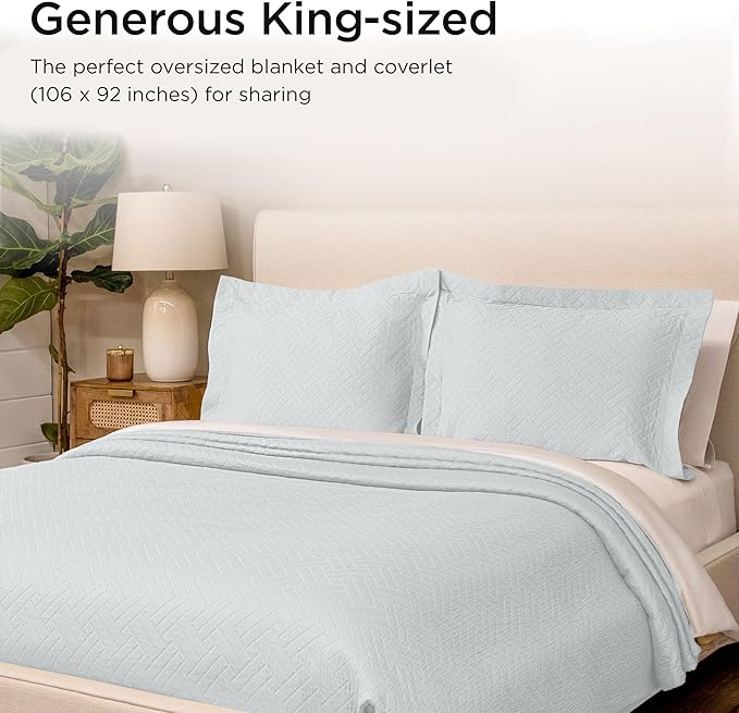 Threadmill Luxury Cotton Blankets for King Size Bed | All-Season Cozy 100% Cotton Blanket | Criss Cross Jacquard Soft Lightweight Coverlet, fits California King Size Bed, 104x92 | Light Blue