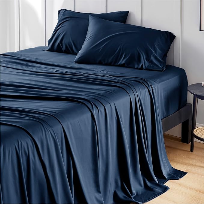Bedsure Cooling Sheets Twin, Rayon Derived from Bamboo, Breathable & Soft Twin Sheets Set, Deep Pocket Up to 16 Inches, Hotel Luxury Silky Bedding for Hot Sleepers, Navy