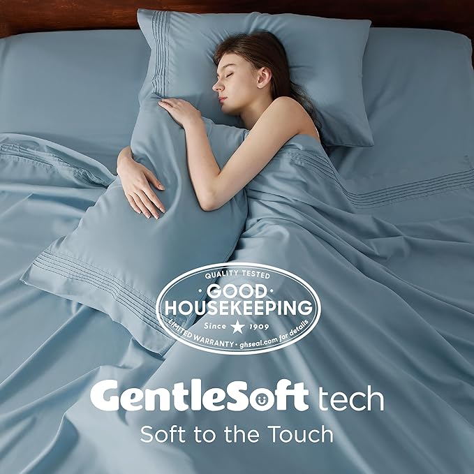 Bedsure Deep Pocket King Sheet Set - Fits Mattresses Up to 21 Inches Thick - 4 Piece GentleSoft Bed Sheets, Moisture Wicking, Soft & Cooling Bedsheet & Pillowcases, Easy & Secure Fit, Mineral Blue