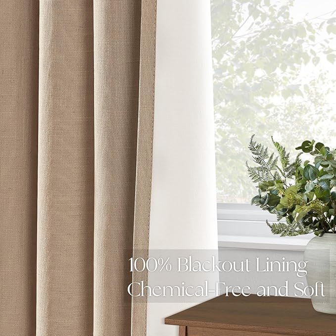 Topfinel Pinch Pleat 100% Blackout Curtains & Drapes 84 Inch Length 2 Panels Set, Flax Linen Taupe Tan Beige Room Darkening Soundproof Curtains with Hooks Rings for Bedroom Living Room Track System