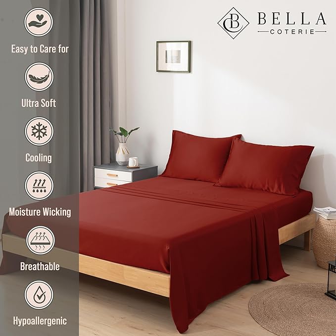 Bella Coterie Luxury Bamboo Viscose Queen Size Sheet Set | 100% Organically Grown | Ultra Soft | Cooling for Hot Sleepers | 18" Deep Pocket [Merlot]
