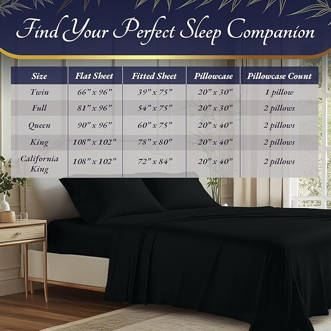 DECOLURE 100% Viscose Derived from Bamboo Sheets Cal King Size 4pcs - Ultra Soft & Luxuriously Cooling, 17" Deep Pocket, Double Stitching, Perfect for Hot Sleepers - King Bed Sheets (Black)