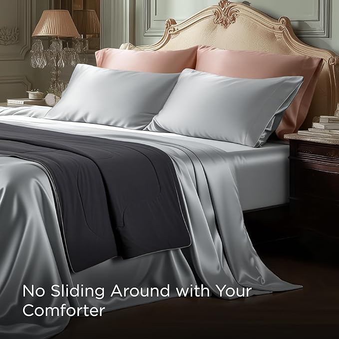 Bedsure Satin Sheets Full Size - 4 Piece Silky Bedsheets with 15 Inches Deep Pocket Fitted Bedsheet,1 Flat Sheet, 2 Satin Pillowcases, Good for Hair & Skin (Full, Silver Grey)