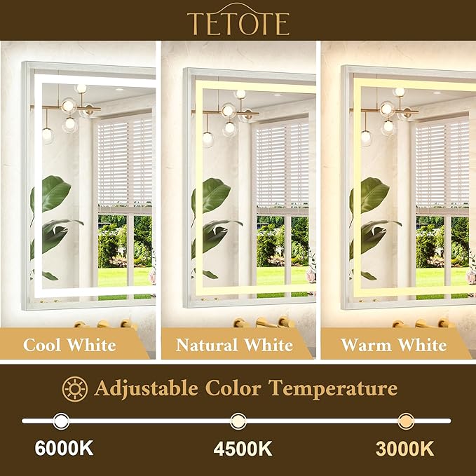 TETOTE 42 x 36 Led Mirror Brushed Nickel Metal Frame Frontlit & Backlit Vanity Mirror Anti-Fog Stepless Dimmable 3 Colors White/Warm/Natural Wall Mirror with Lights Wall-Mounted