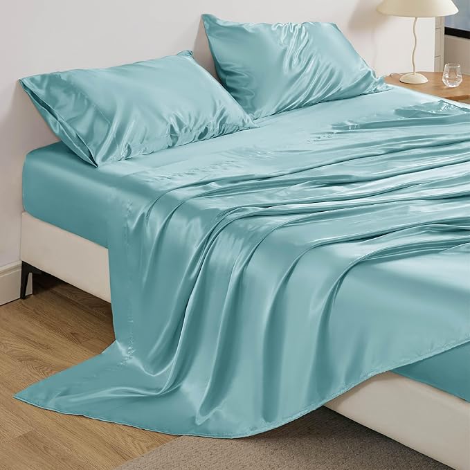 Bedsure Satin Sheets Full Size - 4 Piece Silky Bedsheets with 15 Inches Deep Pocket Fitted Bedsheet,1 Flat Sheet, 2 Satin Pillowcases, Good for Hair & Skin (Full, Blue)