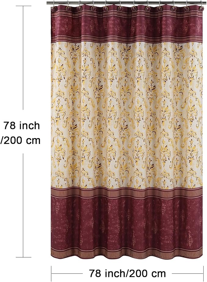 Long Fabric Shower Curtain, Burgundy and Gold Damask Print Shower Curtains for Bathroom, Classic Baroque Bathroom Curtains, 78" W x 78" H