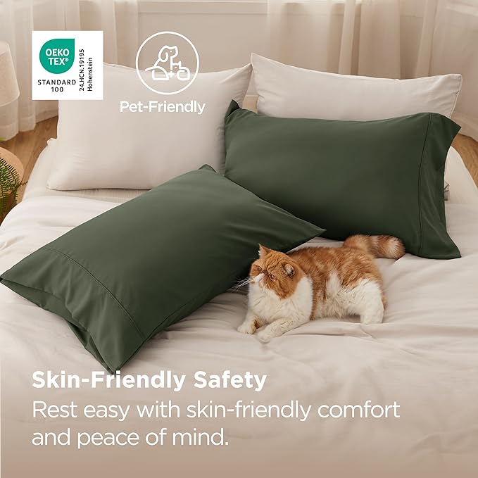 Bedsure King Size Pillow Cases Set of 2 - Olive Green Microfiber Pillowcases 2 Pack, Super Soft Double Brushed Pillow Case Cover with Envelope Closure, Wrinkle, Fade and Stain Resistant, 20x36 Inches