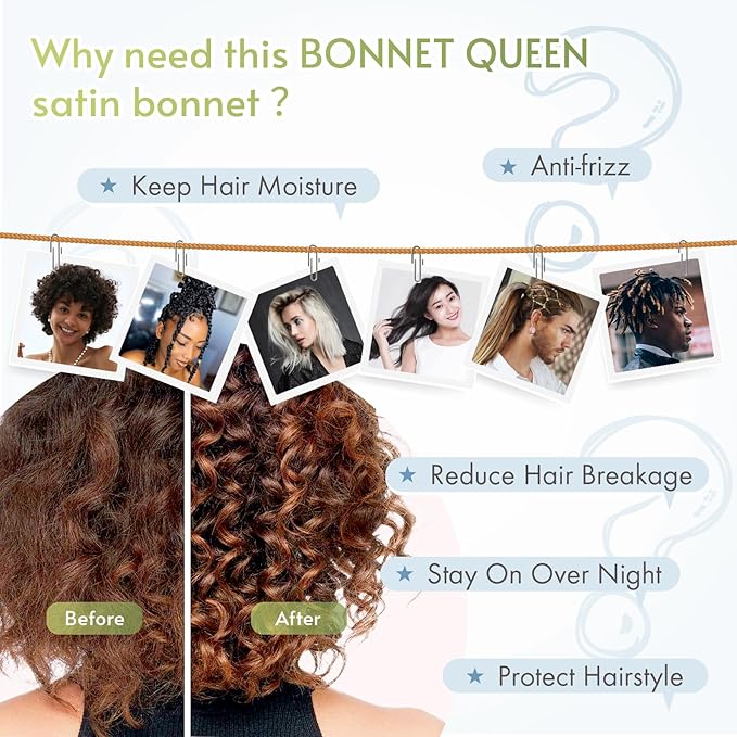 BONNET QUEEN Silk Satin Bonnet for Sleeping Women Adjustable for Curly Dryer Braid Wig Hair Tie Band Night Sleep Hat Cap Loc Soft Elastic M Azul