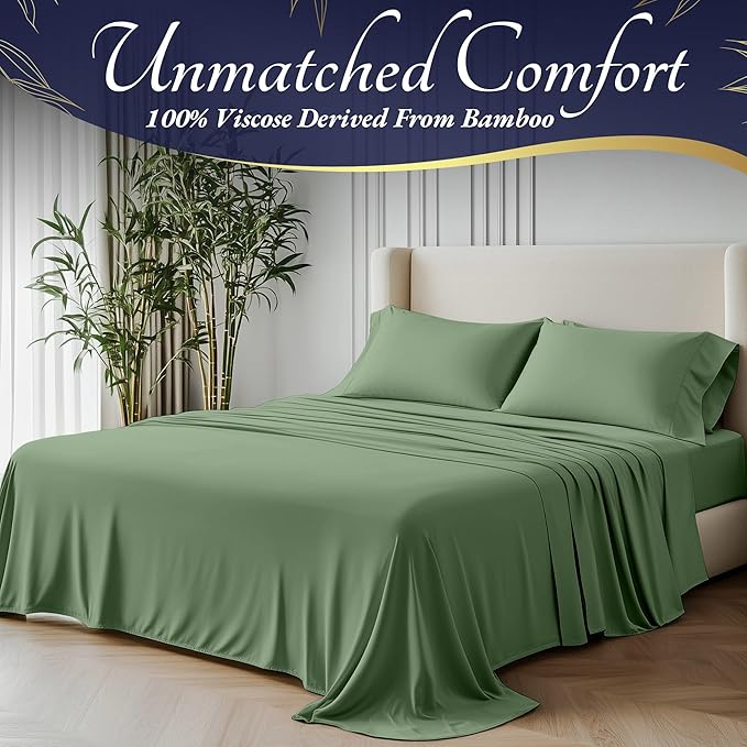 DECOLURE 100% Viscose Derived from Bamboo Sheets King Size 4pcs - Ultra Soft & Luxuriously Cooling, 17" Deep Pocket, Double Stitching, Perfect for Hot Sleepers - King Bed Sheets (Sage Green)