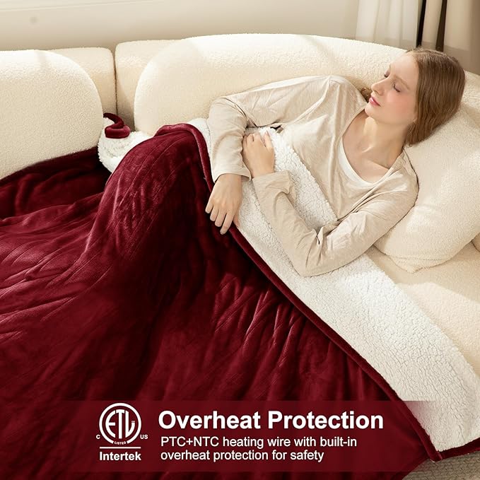 Full Size Heated Blanket Fast Heating - 72" x 84" Electric Blanket Full with 6 Heating Levels, 10 Hours Adjustable Timer, ETL Certified, Washable Heating Blankets for Home Office, Red