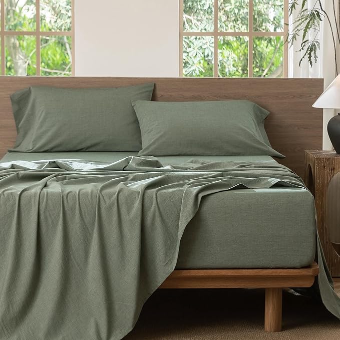 MooMee Bedding Sheet Set 100% Washed Cotton Linen Like Textured Breathable Durable Soft Comfy (Heathered Green, King)