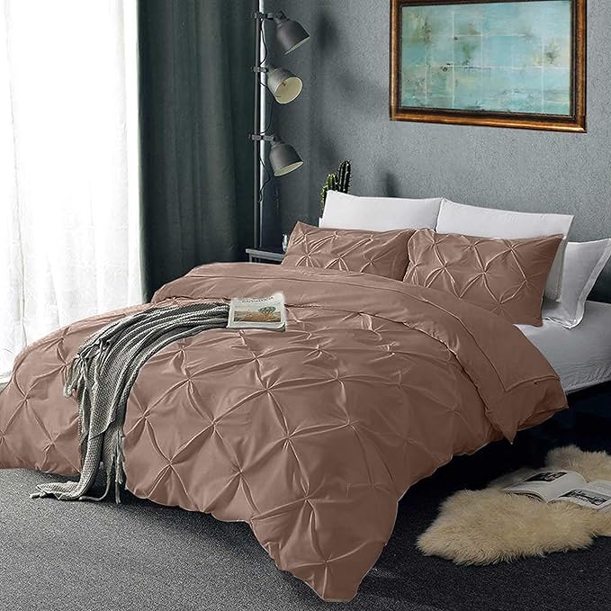 Pinch Pleated Duvet Cover Set 100% Brushed Microfiber 3PC Full Size 80x90 Duvet Cover Set, Decorative Pinch Design Taupe Duvet Cover with Matching Pillow Case