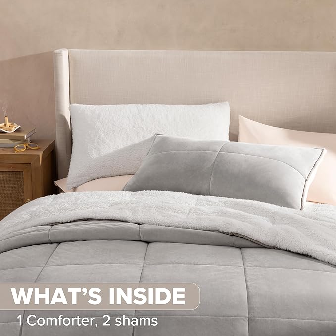 UGG Blissful Full/Queen Comforter Set with 2 Pillow Shams Reversible White Comforter Plush Fluffy Warm Bed Set Premium Down Alternative Bedding for College Dorm Essentials, Full/Queen, Seal Gray