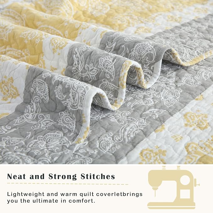 Quilt King Size, Cotton King Size Comforter Set, Yellow Grey White Bedding, Farmhouse Striped Bed Set, Lightweight Bedspread All Seasons 3 Piece
