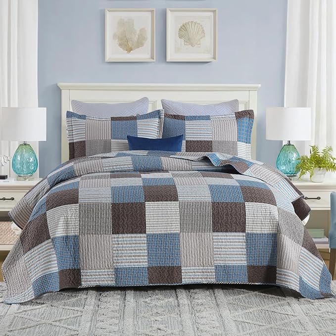 Uniclinens Plaid Quilt Set Queen Size, 100% Cotton Patchwork Quilt Bedding Set Bedspreads, Farmhouse Lightweight Comforter Quilted Quilt, 3 Pieces Set with 2 Pillowshams, Blue/Brown/White