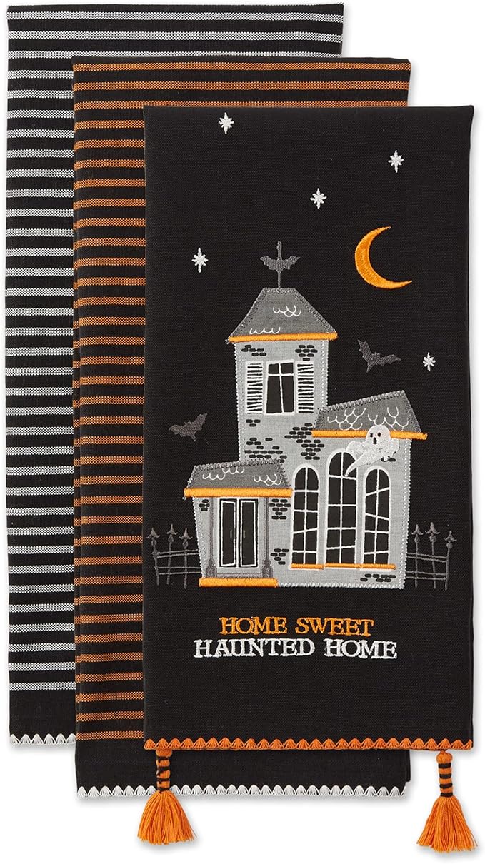 DII Happy Halloween Dishtowel Collection Embellished Cotton Kitchen Hand Towel Set, 18x28, Home Sweet Haunted Home, 3 Count