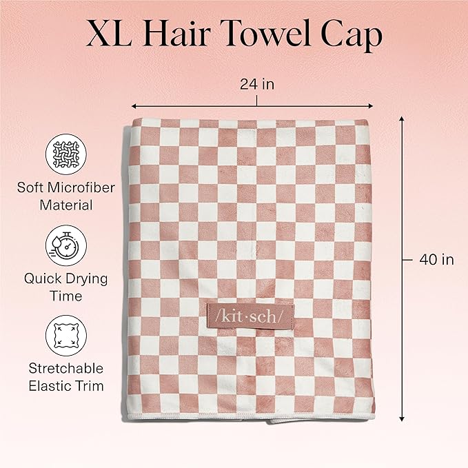 Kitsch Love & Comfort 2PC Spa Set - Satin Lined Reusable Waterproof Shower Cap and XL Quick Dry Hair Towel Wrap for Women, Microfiber Towel, Flexi Shower Cap For All Hair Types - Terracotta Checker