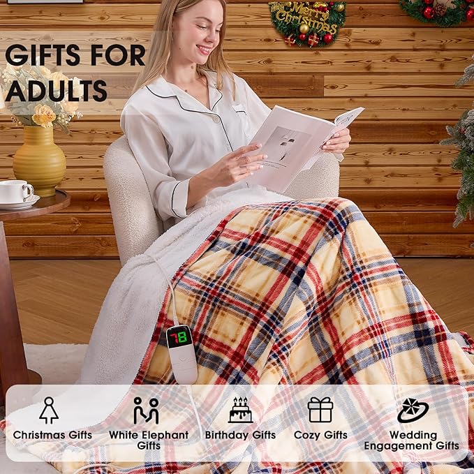 OCTROT Heated Blanket Electric, Twin Size 62X84, Heating Blanket with 10 Heating Levels & 8 Hours Auto Off, Checkered Plaid Sherpa Blankets Warmer for Adults, Fast Heating and Washable, in Brown