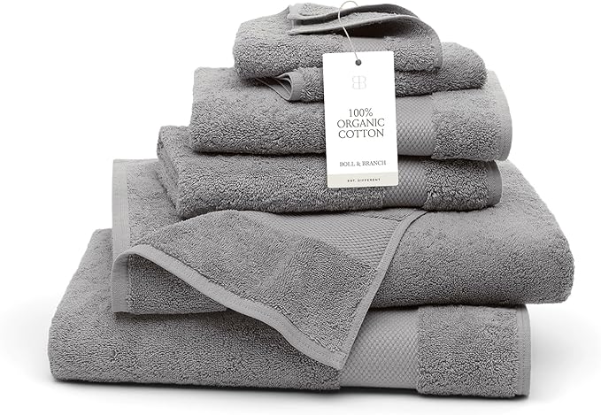 BOLL & BRANCH Plush Bath Towel Set - Stone - 6 Piece - Includes 2 Bath Towels, 2 Hand Towels & 2 Washcloths - 100% Organic Cotton - Ultra Soft & Luxurious - Quick Absorbing