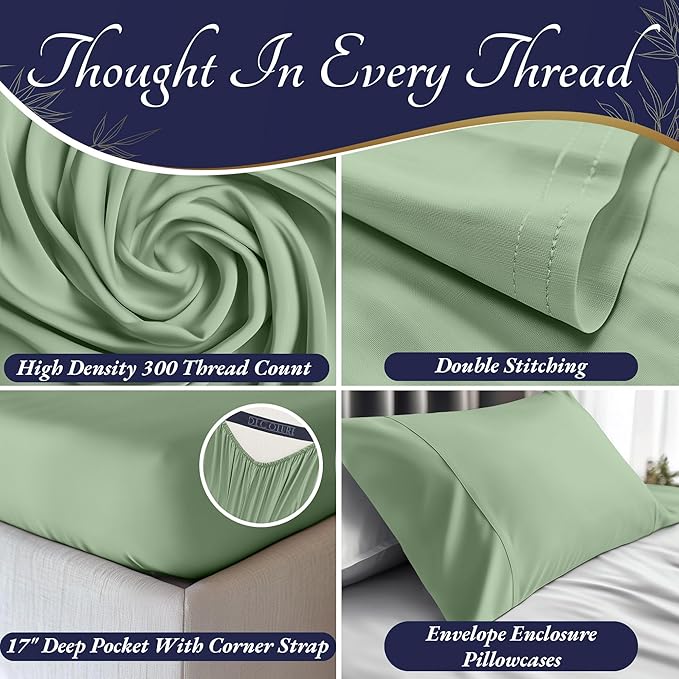 DECOLURE 100% Viscose Derived from Bamboo Sheets Full Size 4pcs - Ultra Soft & Luxuriously Cooling, 17" Deep Pocket, Double Stitching, Perfect for Hot Sleepers - Full Bed Sheets (Sage Green)