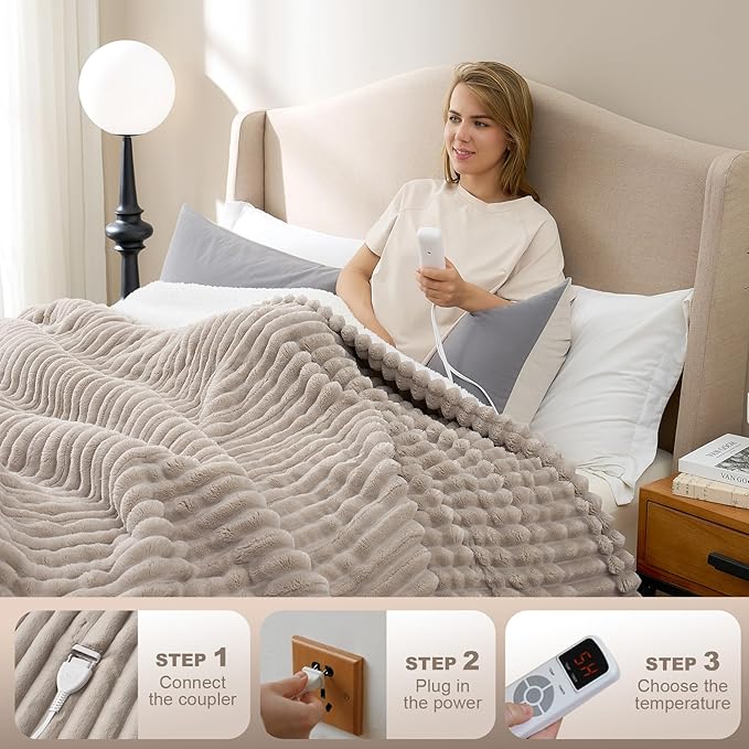 Hansleep Heated Blanket Queen Size Electric Throw Dual Control, Heating Blanket with 9 Heating Levels and 10-Hour Timer Auto Shut Off, Washable Soft Warm Winter Blanket, 80 x 90 Inches, Linen