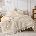 JOLLYVOGUE Beige Queen Comforter Set, 3 Pieces Seersucker Comforters Queen Size, Lightweight & Fluffy Bedding Sets Queen for All Season with 1 Ruffle Comforter and 2 Ruffle Pillowshams
