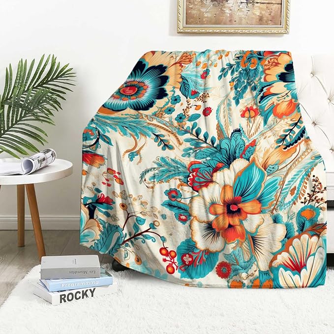 Flowers Blanket Throw, Turquoise Orange Hues Leaves Throw Blanket for Women Men, Soft Lightweight Flannel Fabric, Washable No-Pilling, 40x50 inches