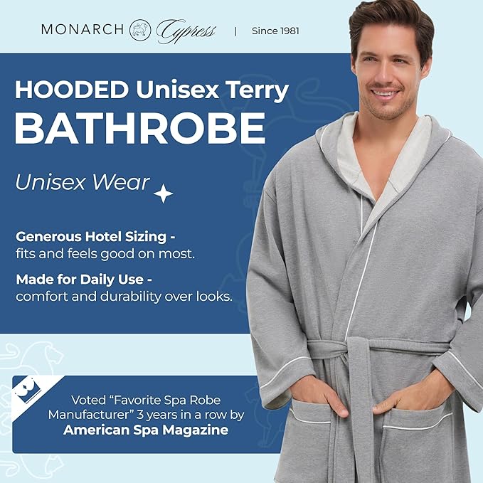 MONARCH Hooded Terry Shawl Collar Unisex Bathrobe – Thick Terrycloth Fabric, Generously Sized Hotel & Spa Robe with Pockets