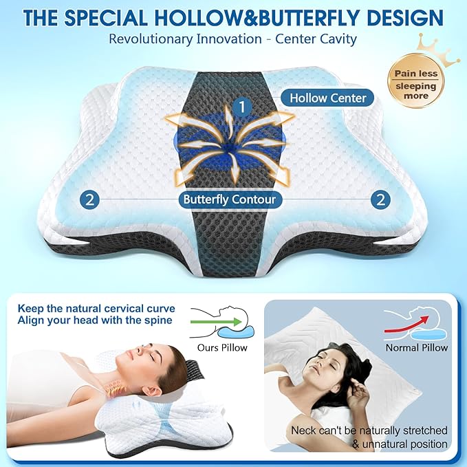 Cervical Neck Pillow for Pain Relief Sleeping, Contour Memory Foam Pillow, Ergonomic Side Sleeper Pillow for Adults, Orthopedic Neck Support Pillow for Back Stomach Sleepers-King Size