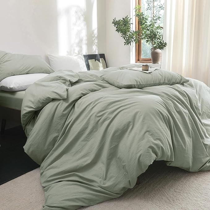 FOSSA Duvet Cover Set 100% Washed Cotton Linen Feel Super Soft Breathable Cozy 3 Pieces Bedding Sets Solid Sage Green Queen