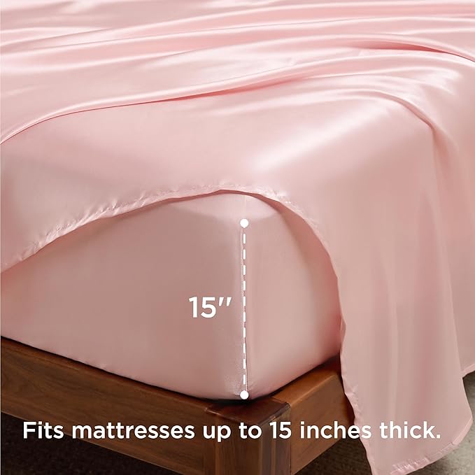 Bedsure Pink Satin Sheets Queen Size - 4 Piece Silky Bedsheets with 15 Inches Deep Pocket Fitted Bedsheet,1 Flat Sheet, 2 Satin Pillowcases, Good for Hair & Skin (Queen, Pink)